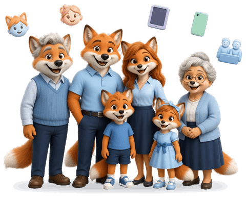 Die FoxGuard-Fuchsfamilie: Grosseltern, Eltern und zwei Kinder, darüber Symbole für Profile und Geräte
