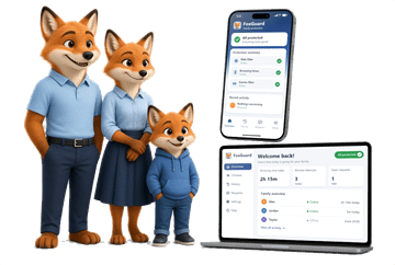Fox family with a phone and a laptop: the FoxGuard app on the phone, the parent portal on the laptop