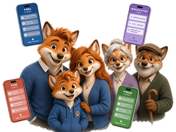 Famille de renards avec quatre téléphones : des règles propres à Mia, Leo et Noah, et la vue simplifiée pour Mamie et Papi