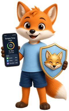 Der FoxGuard-Fuchs mit Handy und Schild