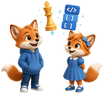 Zwei Fuchskinder staunen über eine Schachfigur und Code-Bausteine