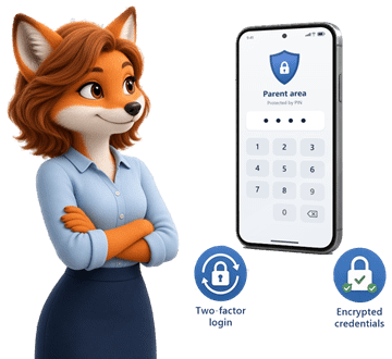 Fox mother next to a phone showing the PIN entry for the parent area, with icons for two-factor sign-in and encrypted credentials