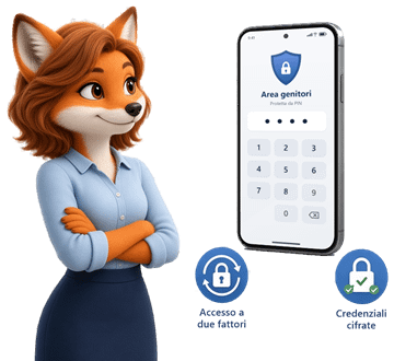 Mamma volpe accanto a uno smartphone con l’inserimento del PIN per l’area genitori, e i simboli dell’accesso a due fattori e delle credenziali cifrate