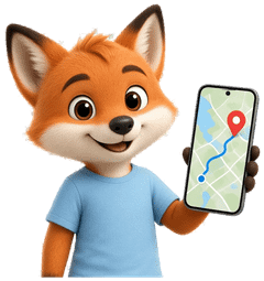 Ein Fuchs-Junge zeigt auf seinem Handy eine Karte mit seinem Weg